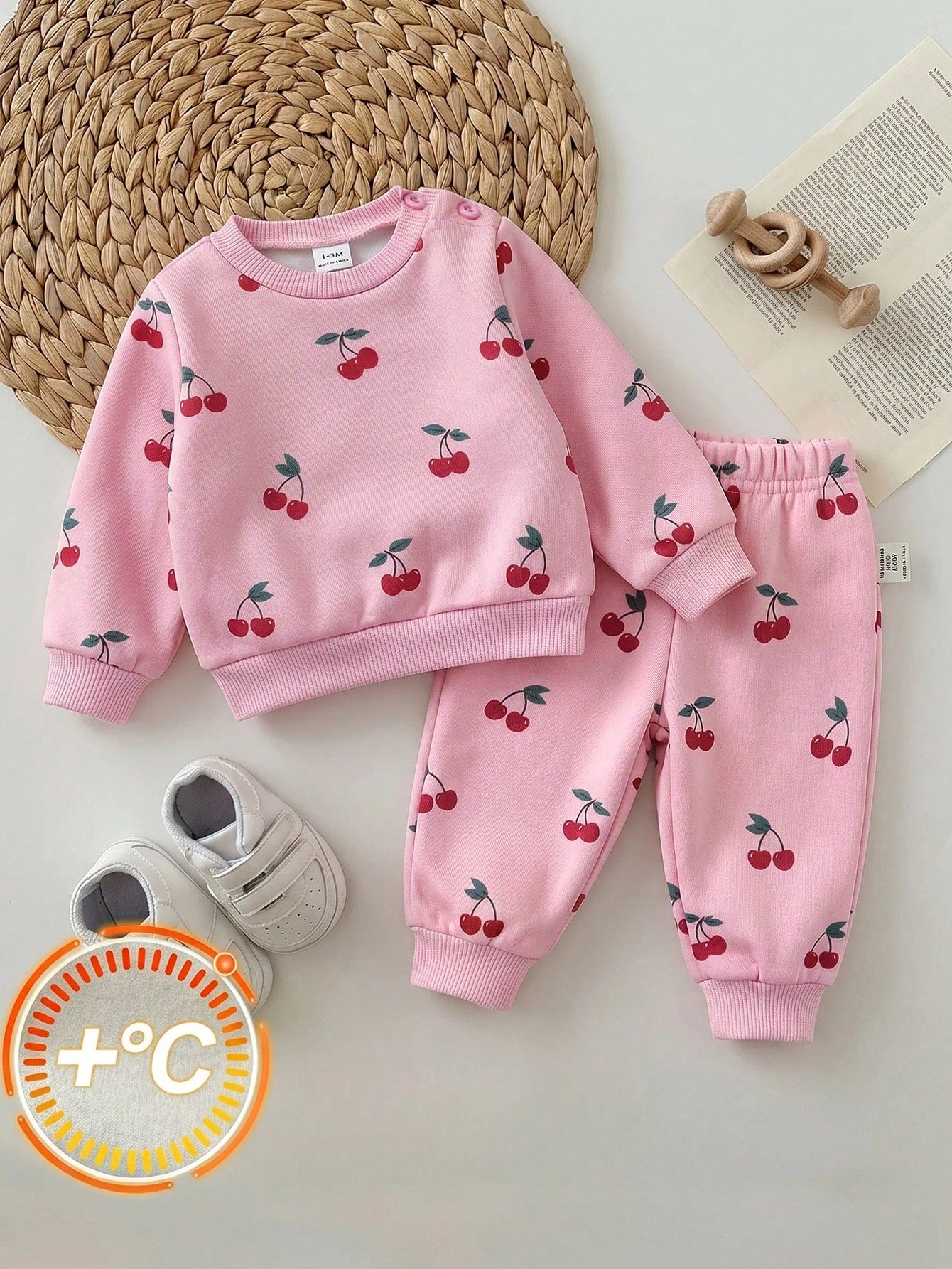 Newborn Baby Girl Loose Casual Minimalist Comfortable Round Neck Pullover Cartoon Pattern Set Pink Cherry Winter Comfy Outing Soft Cute