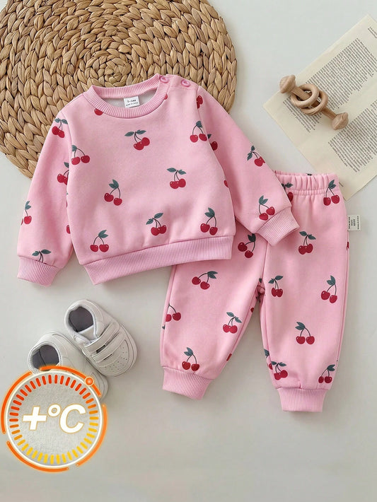 Newborn Baby Girl Loose Casual Minimalist Comfortable Round Neck Pullover Cartoon Pattern Set Pink Cherry Winter Comfy Outing Soft Cute