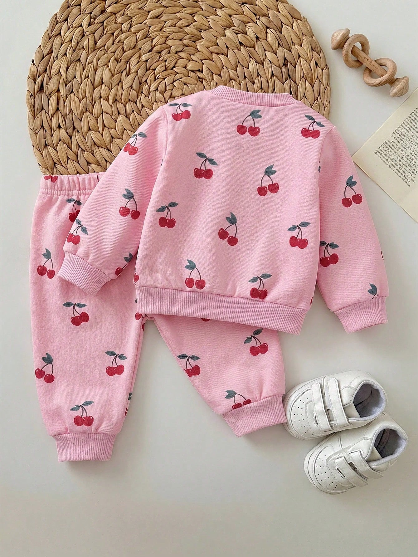 Newborn Baby Girl Loose Casual Minimalist Comfortable Round Neck Pullover Cartoon Pattern Set Pink Cherry Winter Comfy Outing Soft Cute