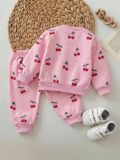 Newborn Baby Girl Loose Casual Minimalist Comfortable Round Neck Pullover Cartoon Pattern Set Pink Cherry Winter Comfy Outing Soft Cute