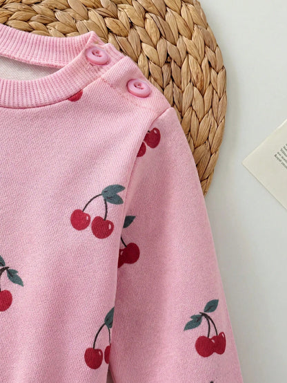 Newborn Baby Girl Loose Casual Minimalist Comfortable Round Neck Pullover Cartoon Pattern Set Pink Cherry Winter Comfy Outing Soft Cute