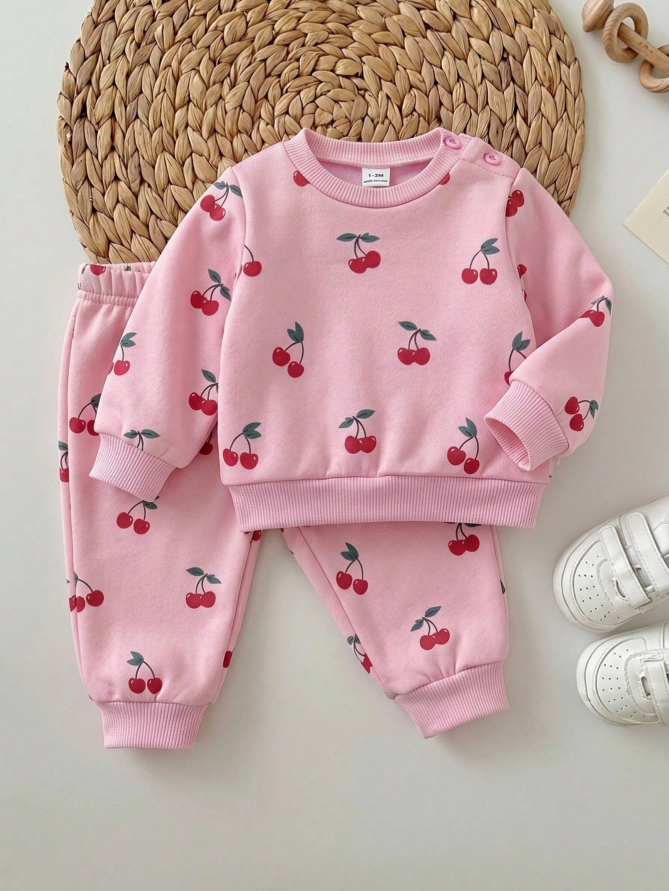 Newborn Baby Girl Loose Casual Minimalist Comfortable Round Neck Pullover Cartoon Pattern Set Pink Cherry Winter Comfy Outing Soft Cute