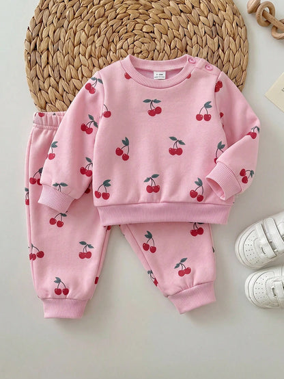 Newborn Baby Girl Loose Casual Minimalist Comfortable Round Neck Pullover Cartoon Pattern Set Pink Cherry Winter Comfy Outing Soft Cute