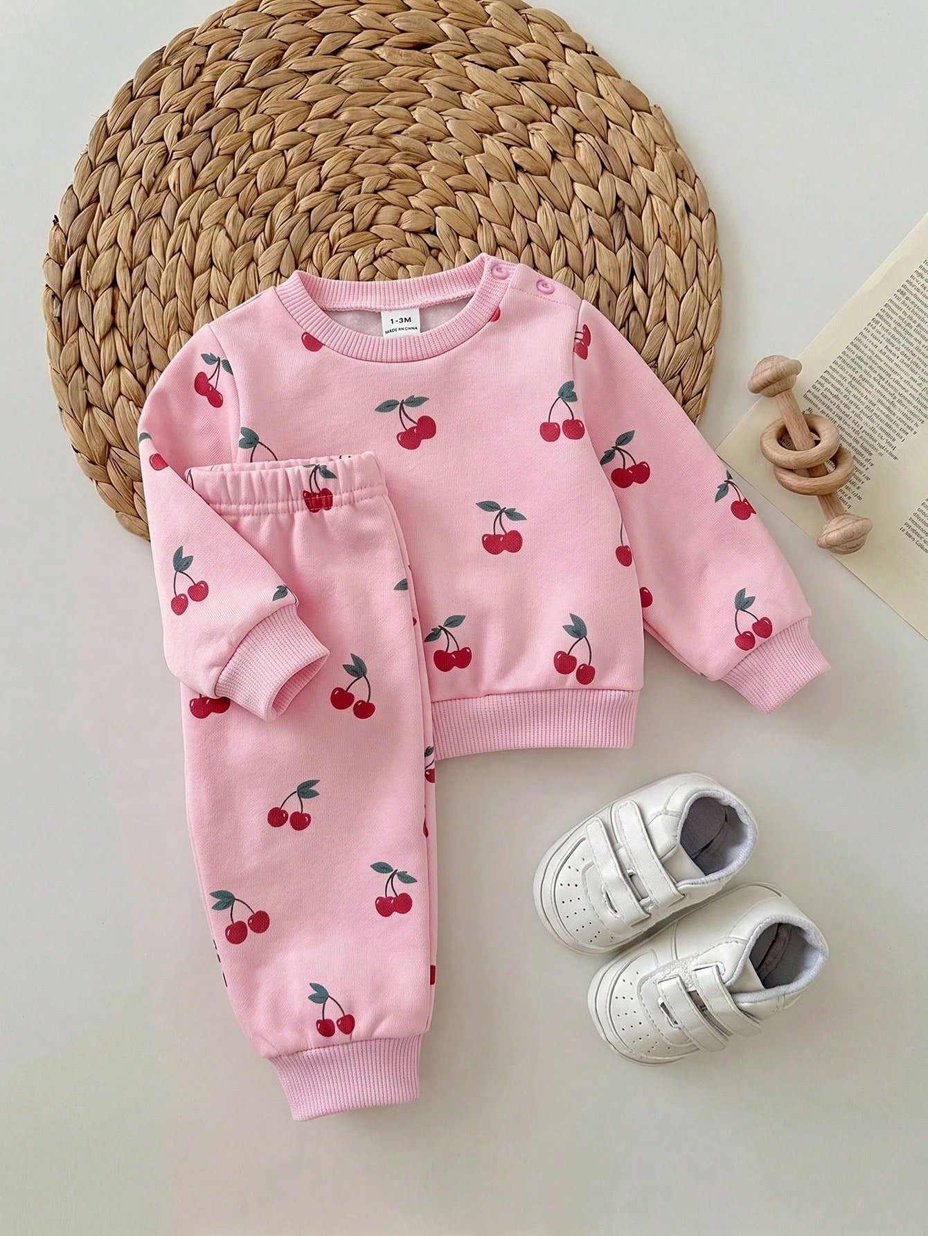 Newborn Baby Girl Loose Casual Minimalist Comfortable Round Neck Pullover Cartoon Pattern Set Pink Cherry Winter Comfy Outing Soft Cute