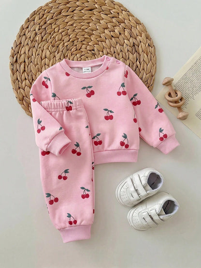 Newborn Baby Girl Loose Casual Minimalist Comfortable Round Neck Pullover Cartoon Pattern Set Pink Cherry Winter Comfy Outing Soft Cute