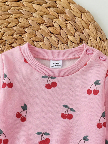Newborn Baby Girl Loose Casual Minimalist Comfortable Round Neck Pullover Cartoon Pattern Set Pink Cherry Winter Comfy Outing Soft Cute