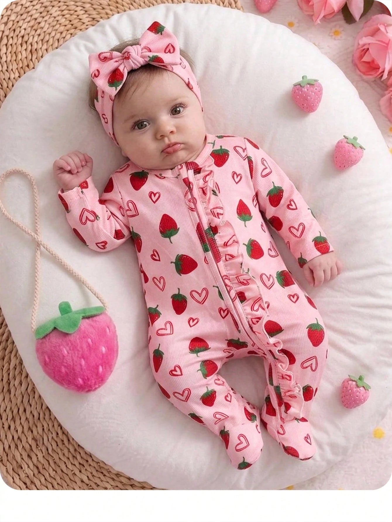 Newborn Baby Strawberry Pattern Casual Daily Outing One-Piece Long Pants