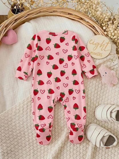 Newborn Baby Strawberry Pattern Casual Daily Outing One-Piece Long Pants