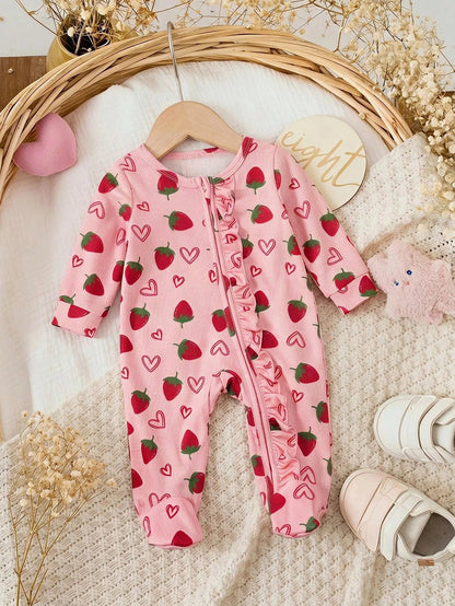 Newborn Baby Strawberry Pattern Casual Daily Outing One-Piece Long Pants