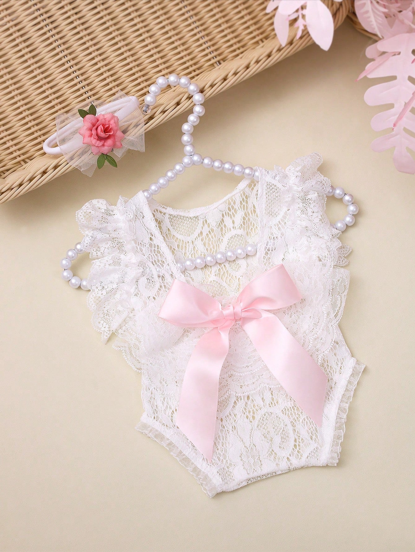 Newborn Girl Lace Romper Set For Photoshoot Pink Ribbon Bow Romper Newborn Photo Props Infant Photography Outfit