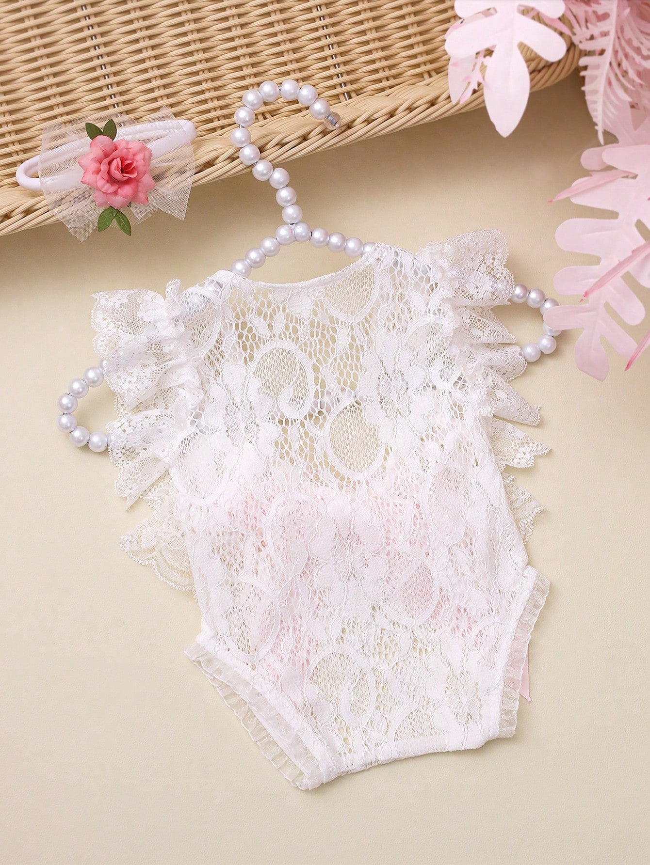 Newborn Girl Lace Romper Set For Photoshoot Pink Ribbon Bow Romper Newborn Photo Props Infant Photography Outfit