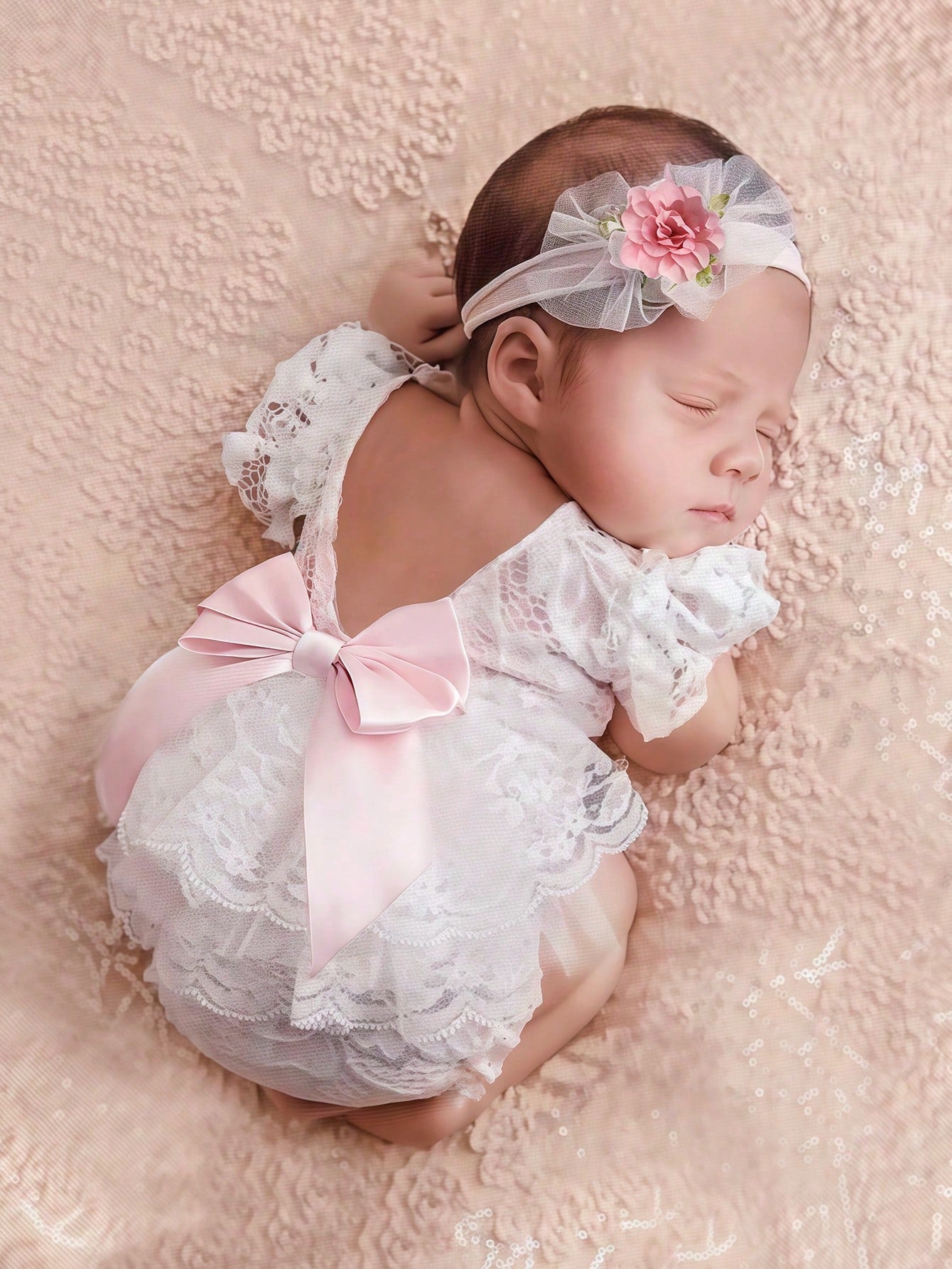 Newborn Girl Lace Romper Set For Photoshoot Pink Ribbon Bow Romper Newborn Photo Props Infant Photography Outfit