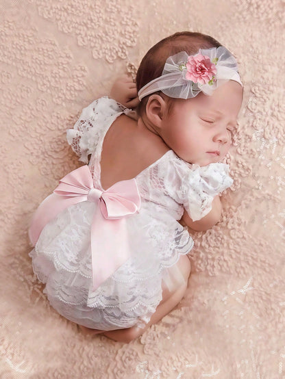 Newborn Girl Lace Romper Set For Photoshoot Pink Ribbon Bow Romper Newborn Photo Props Infant Photography Outfit