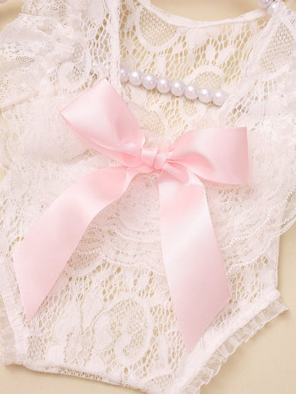 Newborn Girl Lace Romper Set For Photoshoot Pink Ribbon Bow Romper Newborn Photo Props Infant Photography Outfit