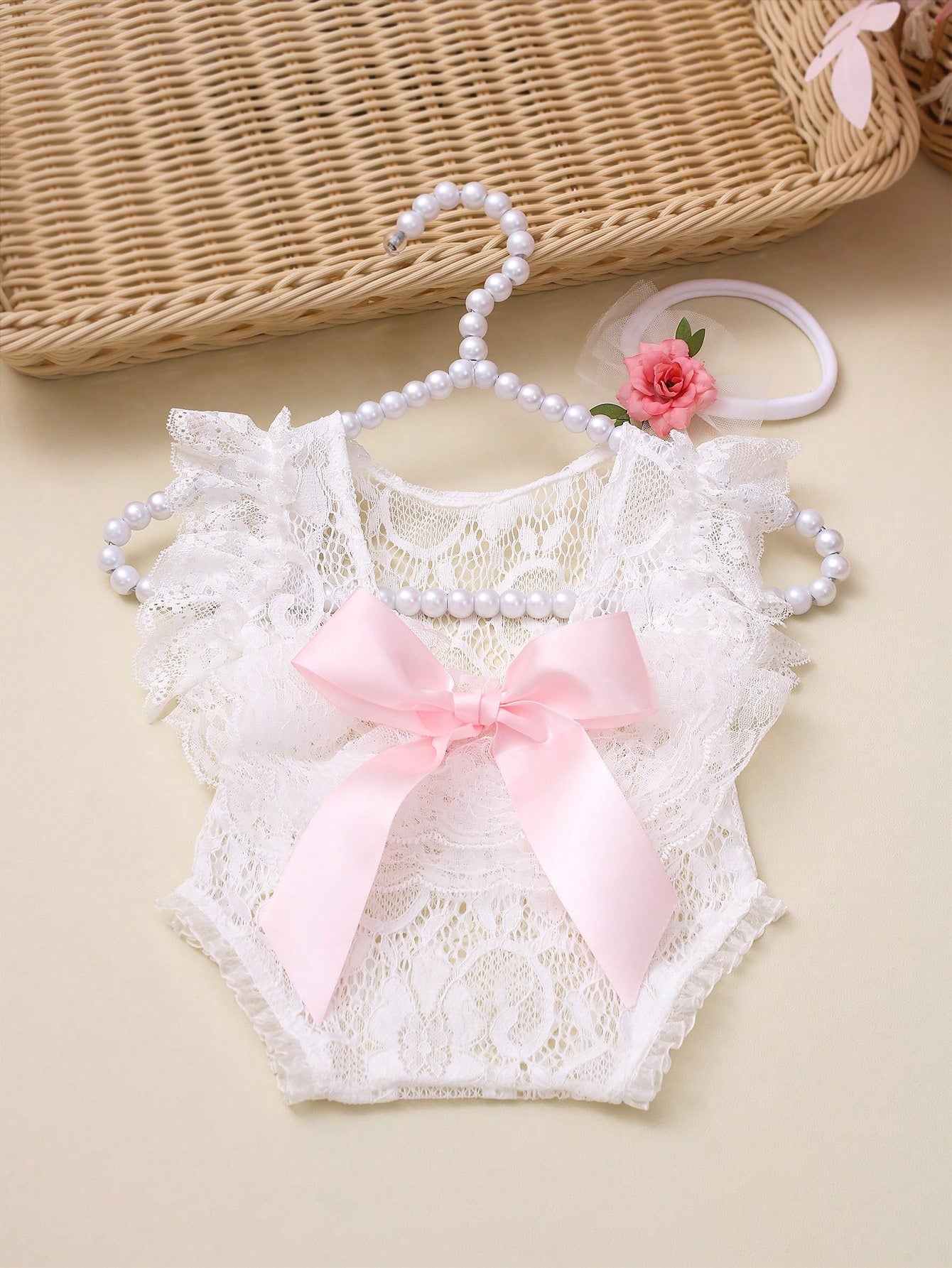 Newborn Girl Lace Romper Set For Photoshoot Pink Ribbon Bow Romper Newborn Photo Props Infant Photography Outfit