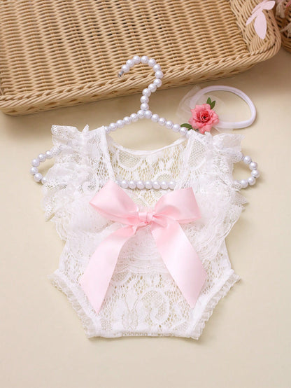 Newborn Girl Lace Romper Set For Photoshoot Pink Ribbon Bow Romper Newborn Photo Props Infant Photography Outfit