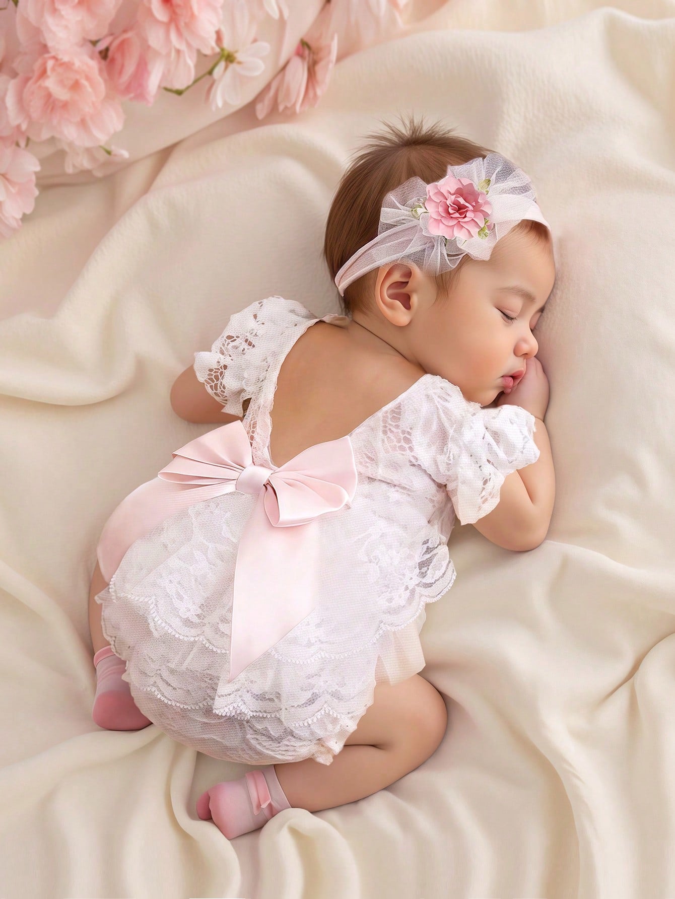 Newborn Girl Lace Romper Set For Photoshoot Pink Ribbon Bow Romper Newborn Photo Props Infant Photography Outfit