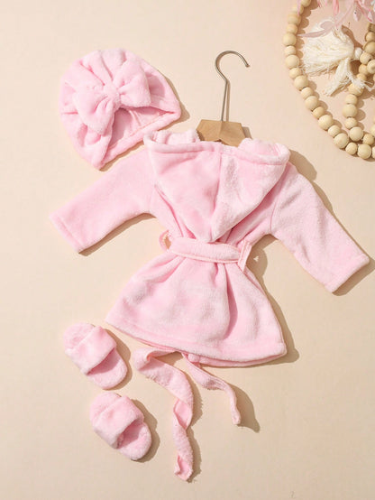 Newborn Girl Photography Bathrobe Matching Turban Hat Mini Slippers Infant Photoshoot Outfits Love Embroidery Props Dark Pink Summer Cute Kawaii
