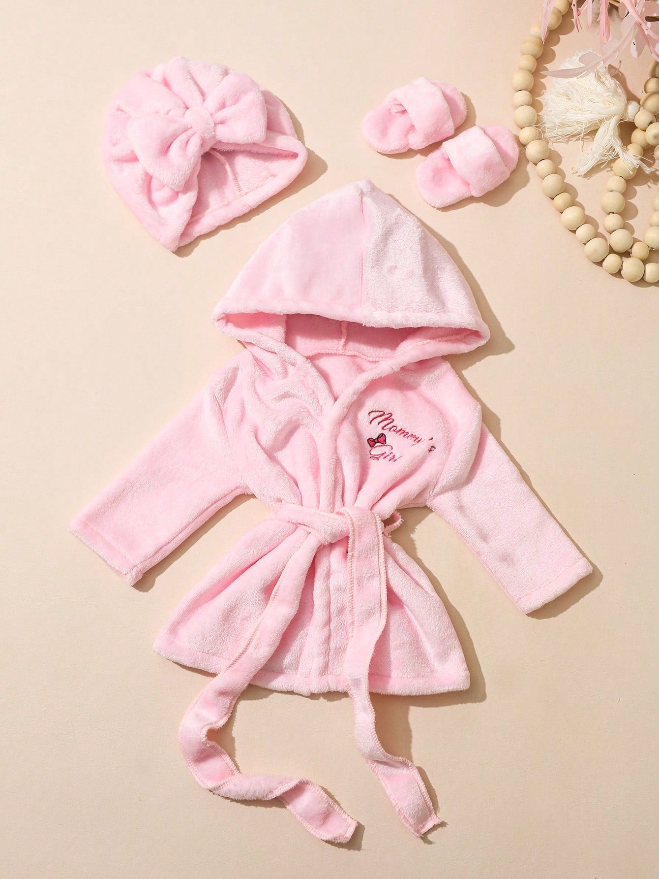 Newborn Girl Photography Bathrobe Matching Turban Hat Mini Slippers Infant Photoshoot Outfits Love Embroidery Props Dark Pink Summer Cute Kawaii