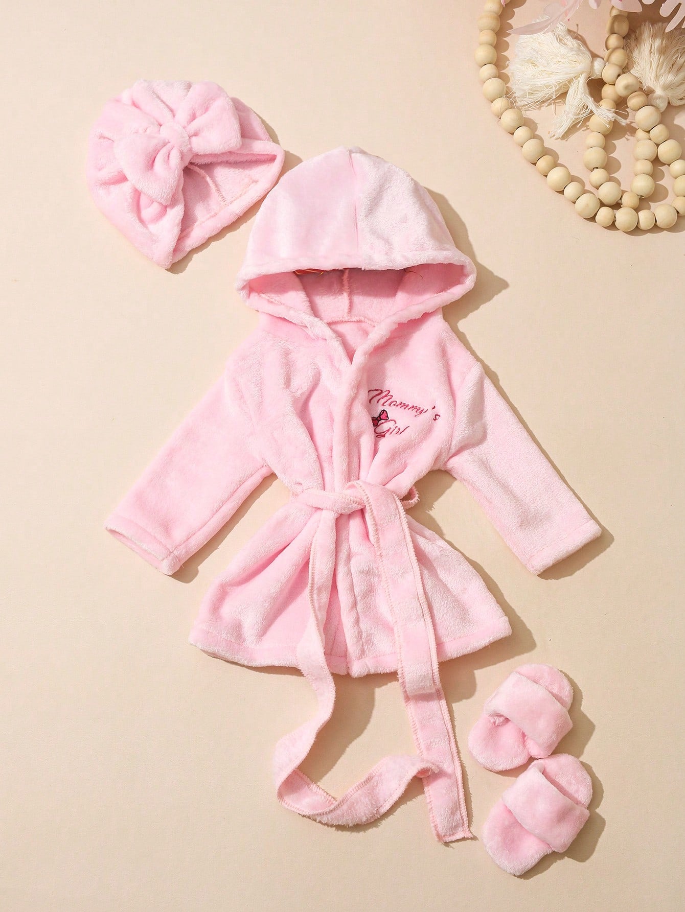Newborn Girl Photography Bathrobe Matching Turban Hat Mini Slippers Infant Photoshoot Outfits Love Embroidery Props Dark Pink Summer Cute Kawaii