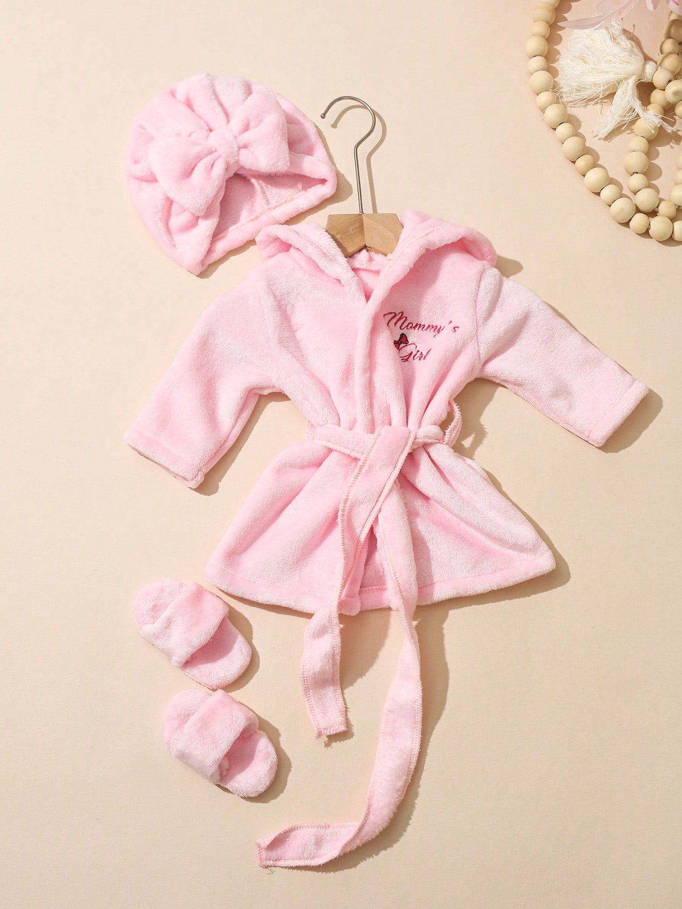 Newborn Girl Photography Bathrobe Matching Turban Hat Mini Slippers Infant Photoshoot Outfits Love Embroidery Props Dark Pink Summer Cute Kawaii
