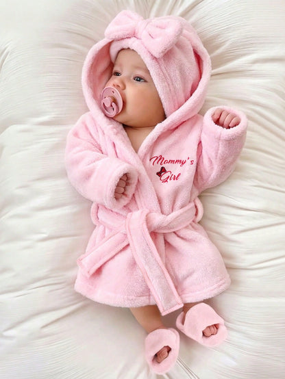 Newborn Girl Photography Bathrobe Matching Turban Hat Mini Slippers Infant Photoshoot Outfits Love Embroidery Props Dark Pink Summer Cute Kawaii