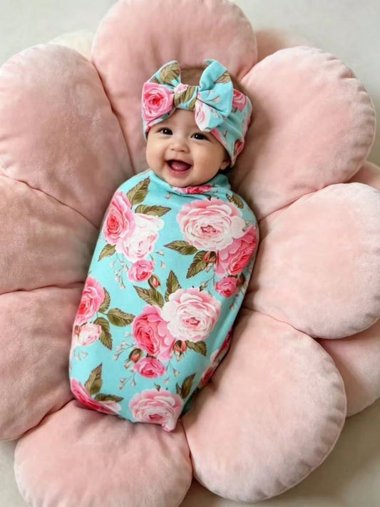 Newborn Receiving Blanket With Bow Headband Set Flower Print Baby Swaddle Blankets With Headband Nursery Swaddle Wrap
