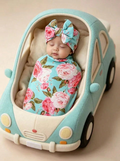 Newborn Receiving Blanket With Bow Headband Set Flower Print Baby Swaddle Blankets With Headband Nursery Swaddle Wrap
