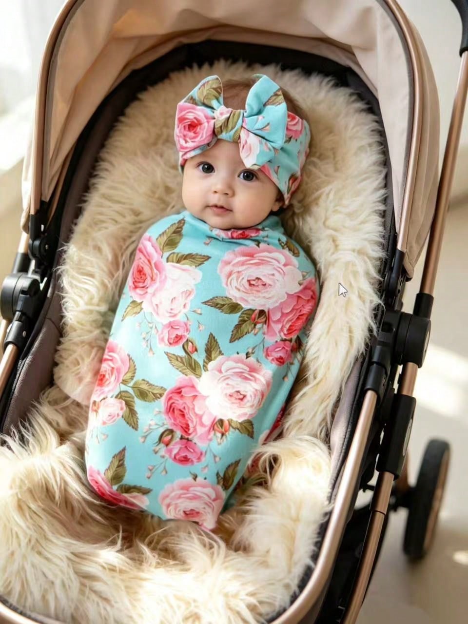 Newborn Receiving Blanket With Bow Headband Set Flower Print Baby Swaddle Blankets With Headband Nursery Swaddle Wrap