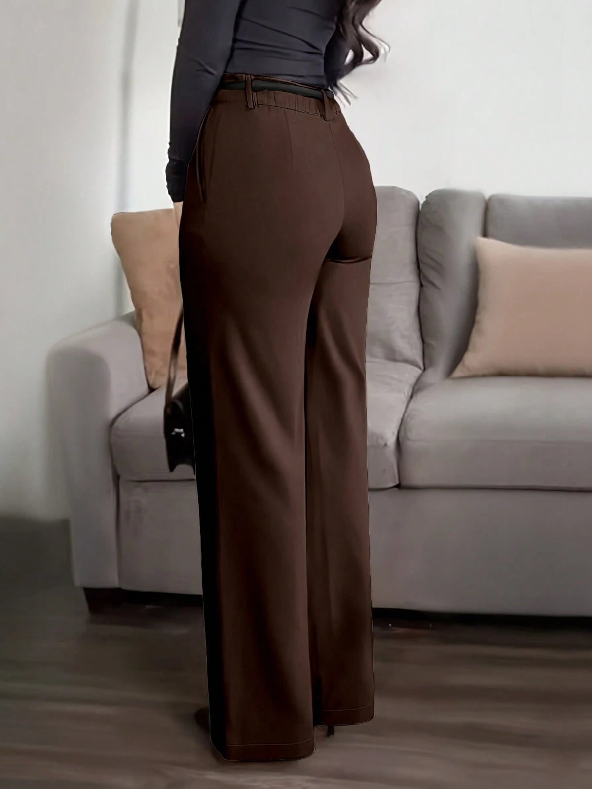 (No Belt) Solid Color Pocket Zipper Elegant Casual Office Pants, Work To Weekend