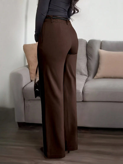 (No Belt) Solid Color Pocket Zipper Elegant Casual Office Pants, Work To Weekend