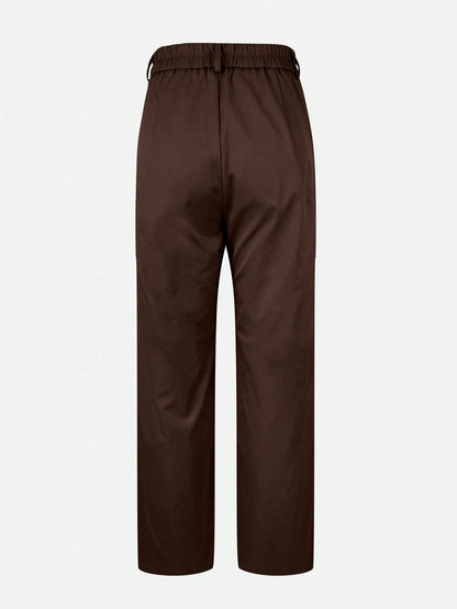 (No Belt) Solid Color Pocket Zipper Elegant Casual Office Pants, Work To Weekend