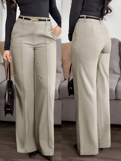 (No Belt) Solid Color Pocket Zipper Elegant Casual Office Pants, Work To Weekend