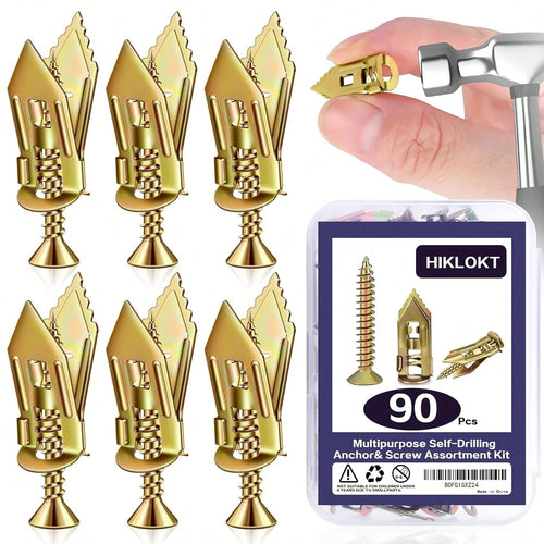 No-Drill Drywall Anchors Kit, Heavy Duty- 90 Pcs (047x118in) Zinc Plated Steel, 45 Anchors + 45 Self-Tapping Screws| 2025 Upgraded For Easy Wall Mounting (Shelves, Decor, TVs)