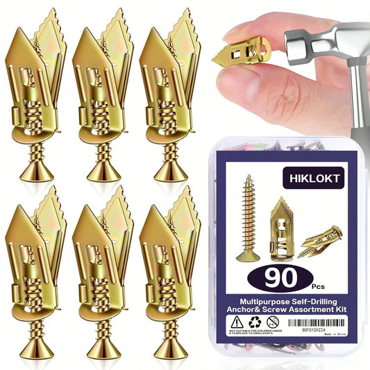 No-Drill Drywall Anchors Kit, Heavy Duty- 90 Pcs (047x118in) Zinc Plated Steel, 45 Anchors + 45 Self-Tapping Screws| 2025 Upgraded For Easy Wall Mounting (Shelves, Decor, TVs)