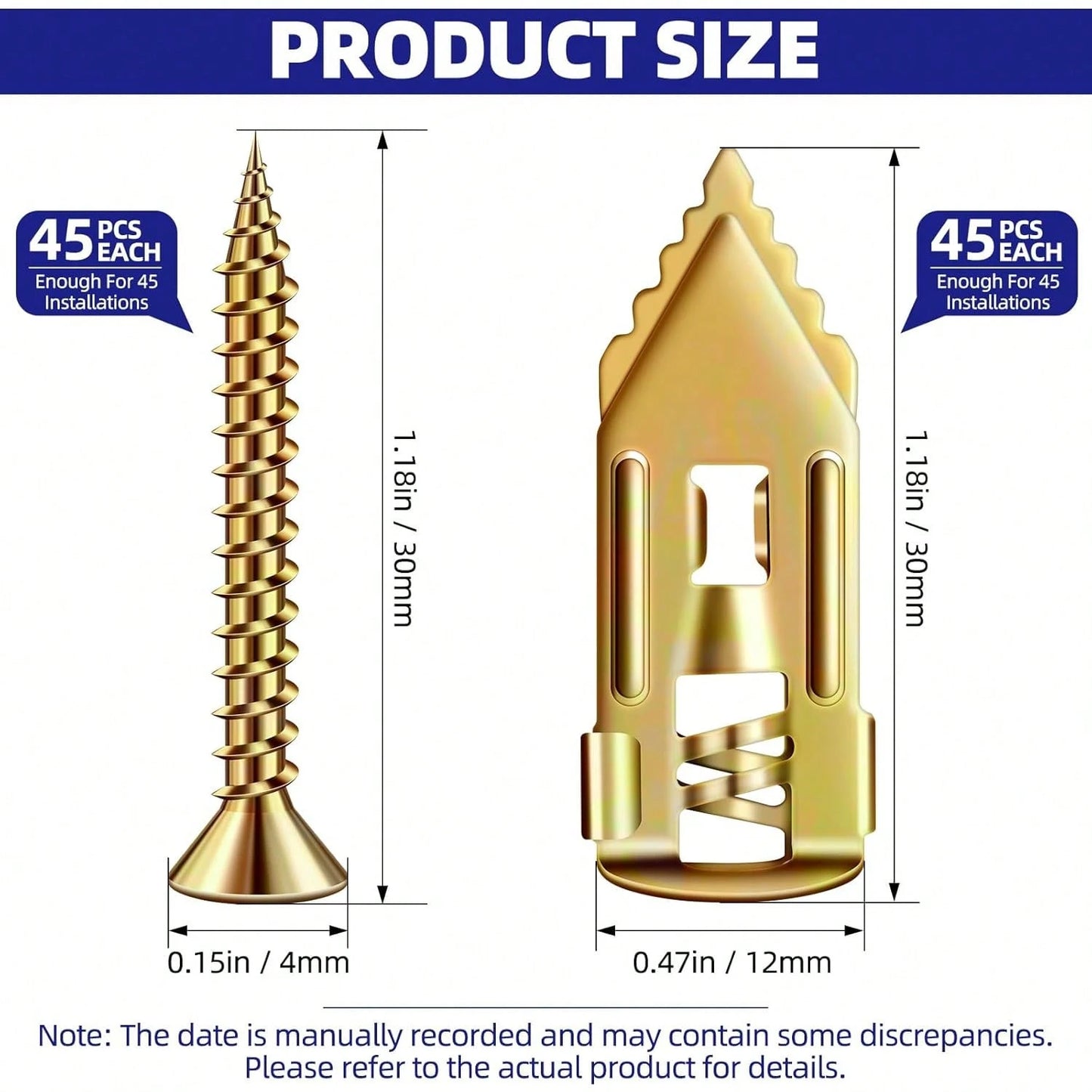 No-Drill Drywall Anchors Kit, Heavy Duty- 90 Pcs (047x118in) Zinc Plated Steel, 45 Anchors + 45 Self-Tapping Screws| 2025 Upgraded For Easy Wall Mounting (Shelves, Decor, TVs)