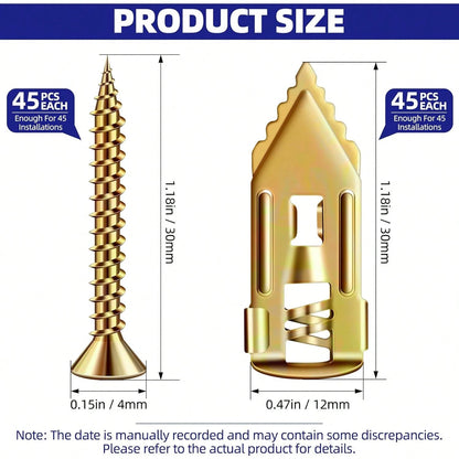 No-Drill Drywall Anchors Kit, Heavy Duty- 90 Pcs (047x118in) Zinc Plated Steel, 45 Anchors + 45 Self-Tapping Screws| 2025 Upgraded For Easy Wall Mounting (Shelves, Decor, TVs)