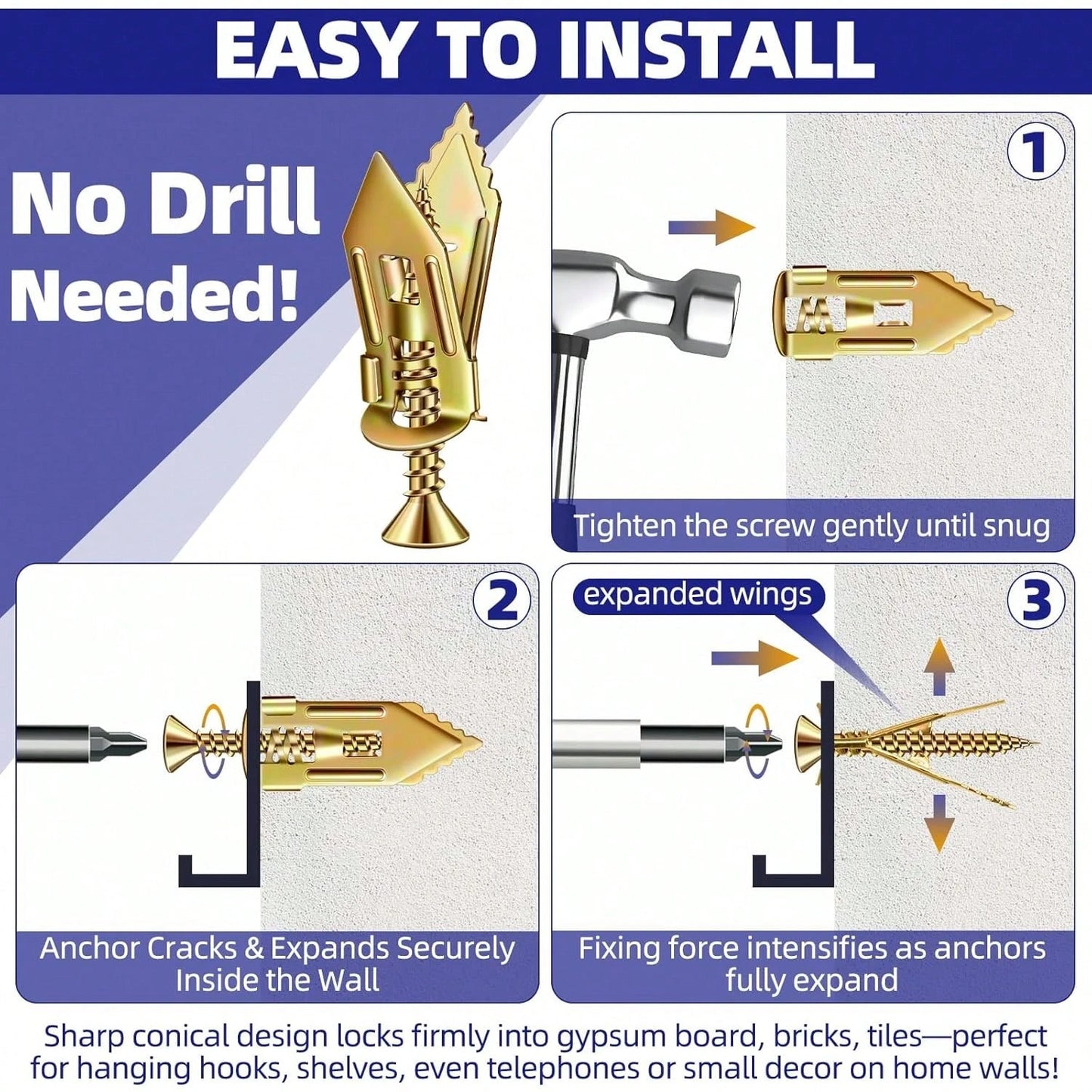 No-Drill Drywall Anchors Kit, Heavy Duty- 90 Pcs (047x118in) Zinc Plated Steel, 45 Anchors + 45 Self-Tapping Screws| 2025 Upgraded For Easy Wall Mounting (Shelves, Decor, TVs)
