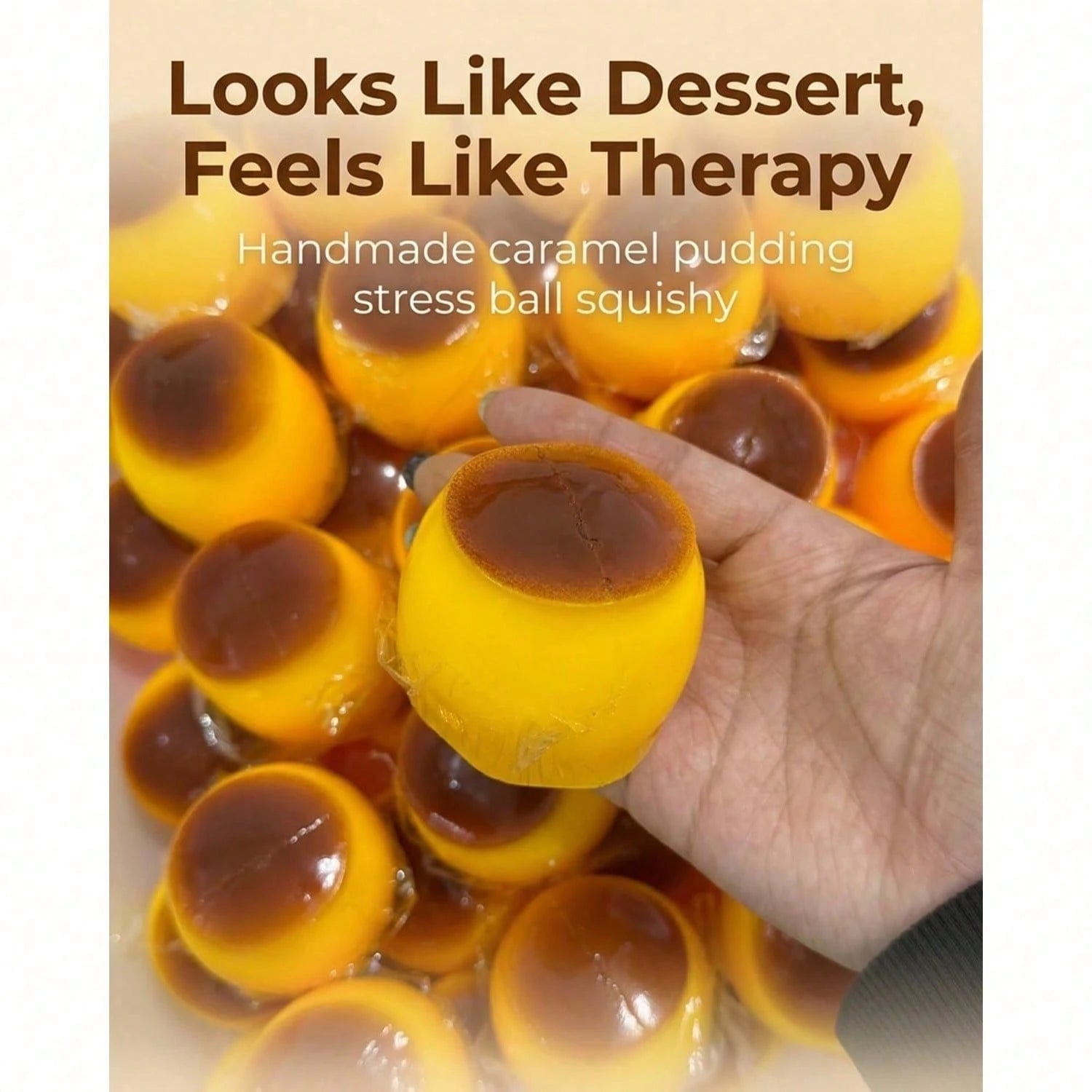 Non-Rebound Slow-Rise Caramel Pudding Stress Relief Ball, Soft And Crunchy Bead-Filled Sticky Silicone Squeeze Toy, Realistic Food Dessert Handmade Toy, Adult Anxiety Relief And Party Favor