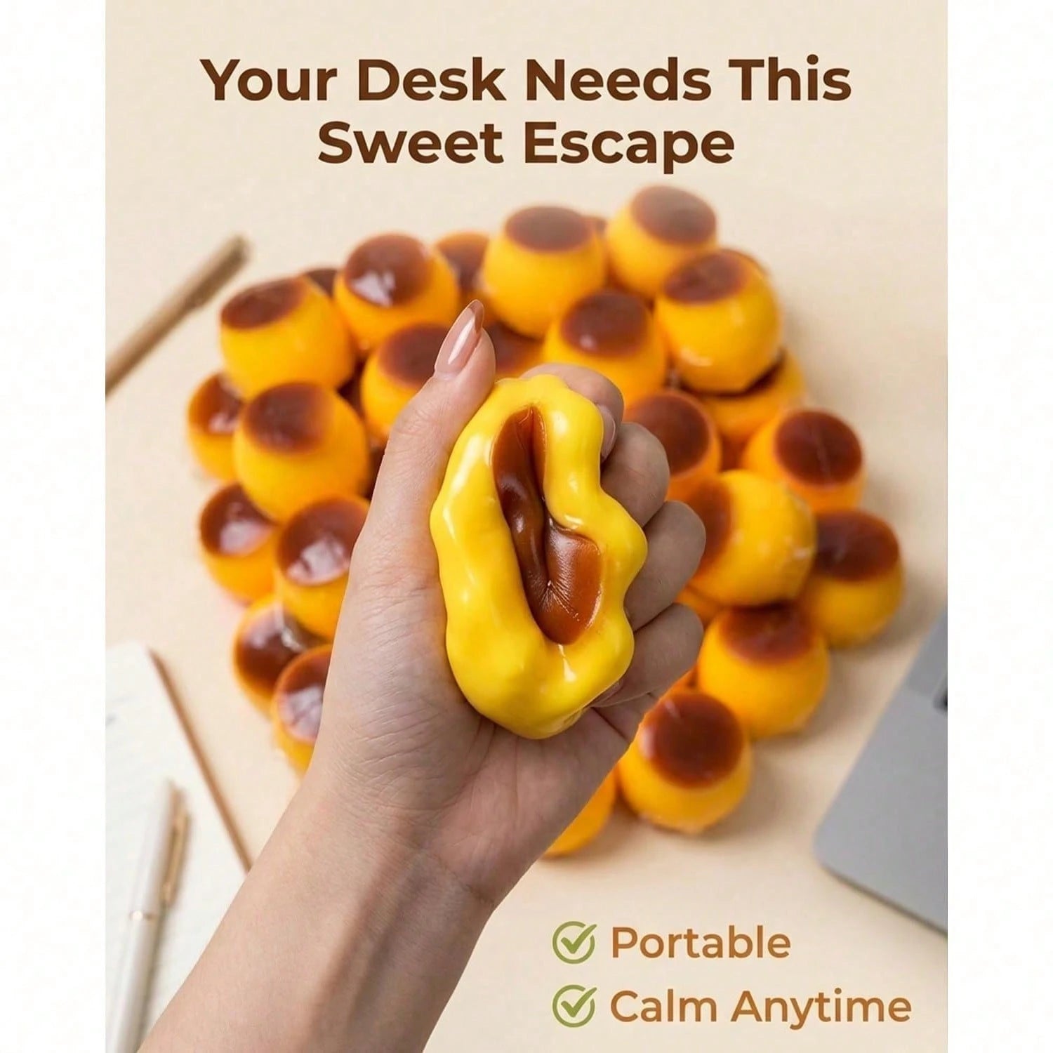Non-Rebound Slow-Rise Caramel Pudding Stress Relief Ball, Soft And Crunchy Bead-Filled Sticky Silicone Squeeze Toy, Realistic Food Dessert Handmade Toy, Adult Anxiety Relief And Party Favor