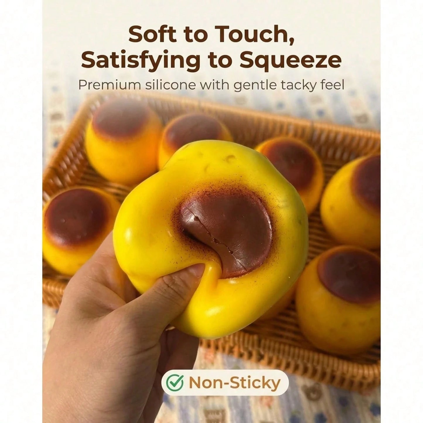 Non-Rebound Slow-Rise Caramel Pudding Stress Relief Ball, Soft And Crunchy Bead-Filled Sticky Silicone Squeeze Toy, Realistic Food Dessert Handmade Toy, Adult Anxiety Relief And Party Favor