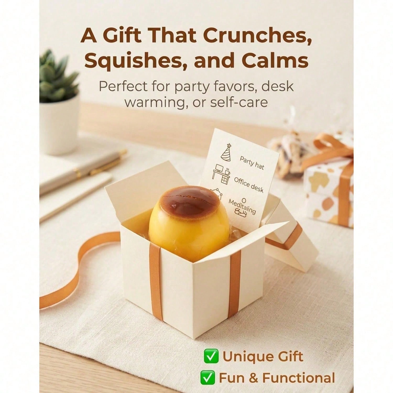 Non-Rebound Slow-Rise Caramel Pudding Stress Relief Ball, Soft And Crunchy Bead-Filled Sticky Silicone Squeeze Toy, Realistic Food Dessert Handmade Toy, Adult Anxiety Relief And Party Favor