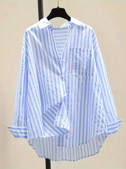 NostaNoir Women's Casual Striped Print Long Sleeve Chest Pocket Shirt, Autumn &Winter Fall Cloth For Women