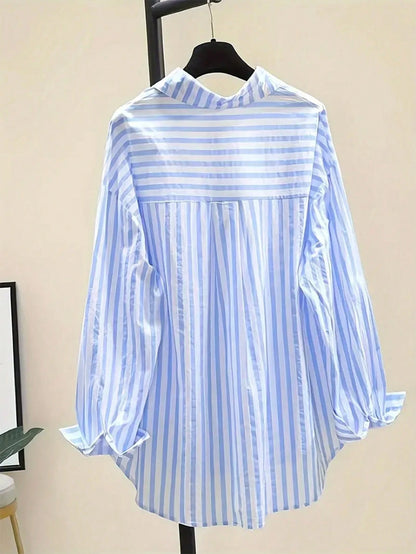 NostaNoir Women's Casual Striped Print Long Sleeve Chest Pocket Shirt, Autumn &Winter Fall Cloth For Women