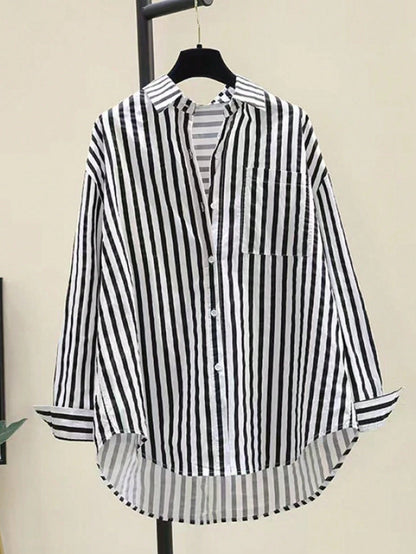 NostaNoir Women's Casual Striped Print Long Sleeve Chest Pocket Shirt, Autumn &Winter Fall Cloth For Women