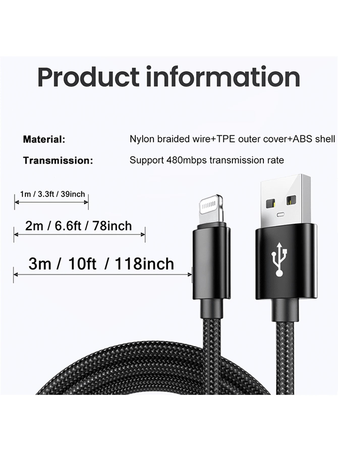 Nylon Braided Lightning Data Cable Compatible With 14/13/12/Pro Max/X/XR/XS/8/7/6s/6 And IPad, USB Charging Data Sync Cable, Matte Finish, 5-10W Power Output, Round Design, Available In 3.3ft/6.6ft/10