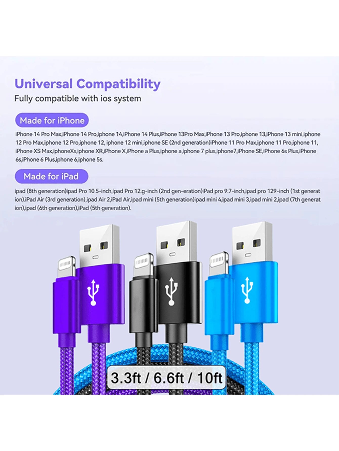 Nylon Braided Lightning Data Cable Compatible With 14/13/12/Pro Max/X/XR/XS/8/7/6s/6 And IPad, USB Charging Data Sync Cable, Matte Finish, 5-10W Power Output, Round Design, Available In 3.3ft/6.6ft/10