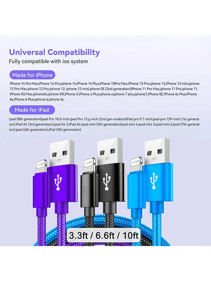 Nylon Braided Lightning Data Cable Compatible With 14/13/12/Pro Max/X/XR/XS/8/7/6s/6 And IPad, USB Charging Data Sync Cable, Matte Finish, 5-10W Power Output, Round Design, Available In 3.3ft/6.6ft/10