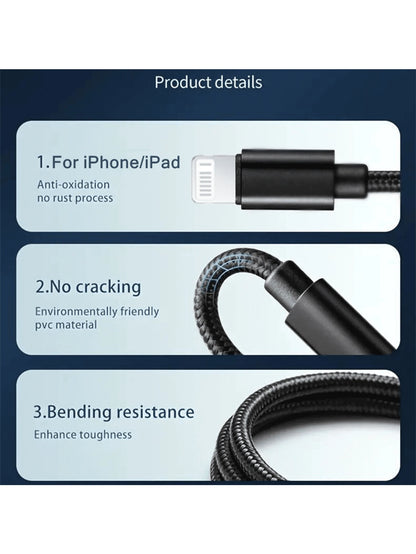 Nylon Braided Lightning Data Cable Compatible With 14/13/12/Pro Max/X/XR/XS/8/7/6s/6 And IPad, USB Charging Data Sync Cable, Matte Finish, 5-10W Power Output, Round Design, Available In 3.3ft/6.6ft/10