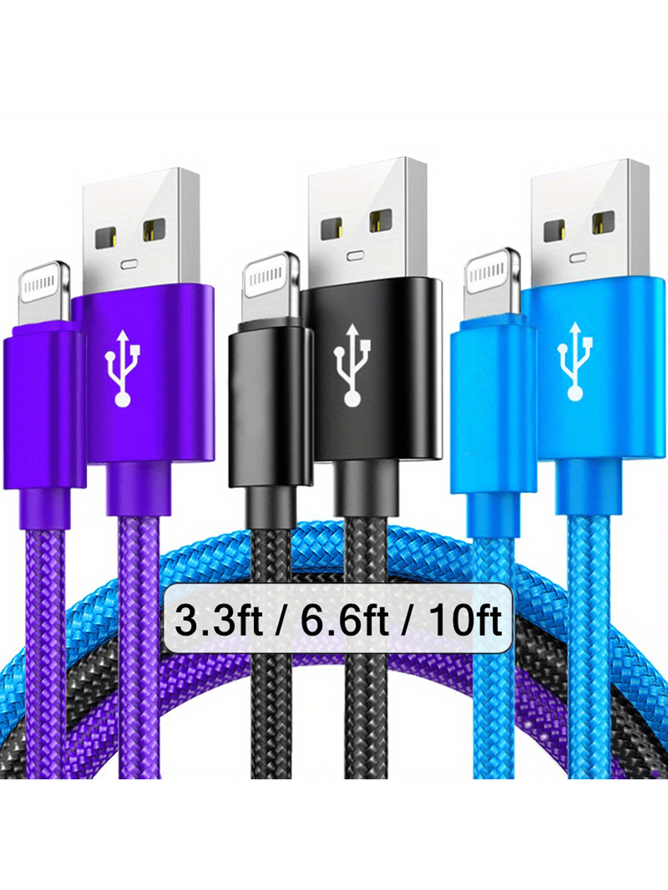 Nylon Braided Lightning Data Cable Compatible With 14/13/12/Pro Max/X/XR/XS/8/7/6s/6 And IPad, USB Charging Data Sync Cable, Matte Finish, 5-10W Power Output, Round Design, Available In 3.3ft/6.6ft/10
